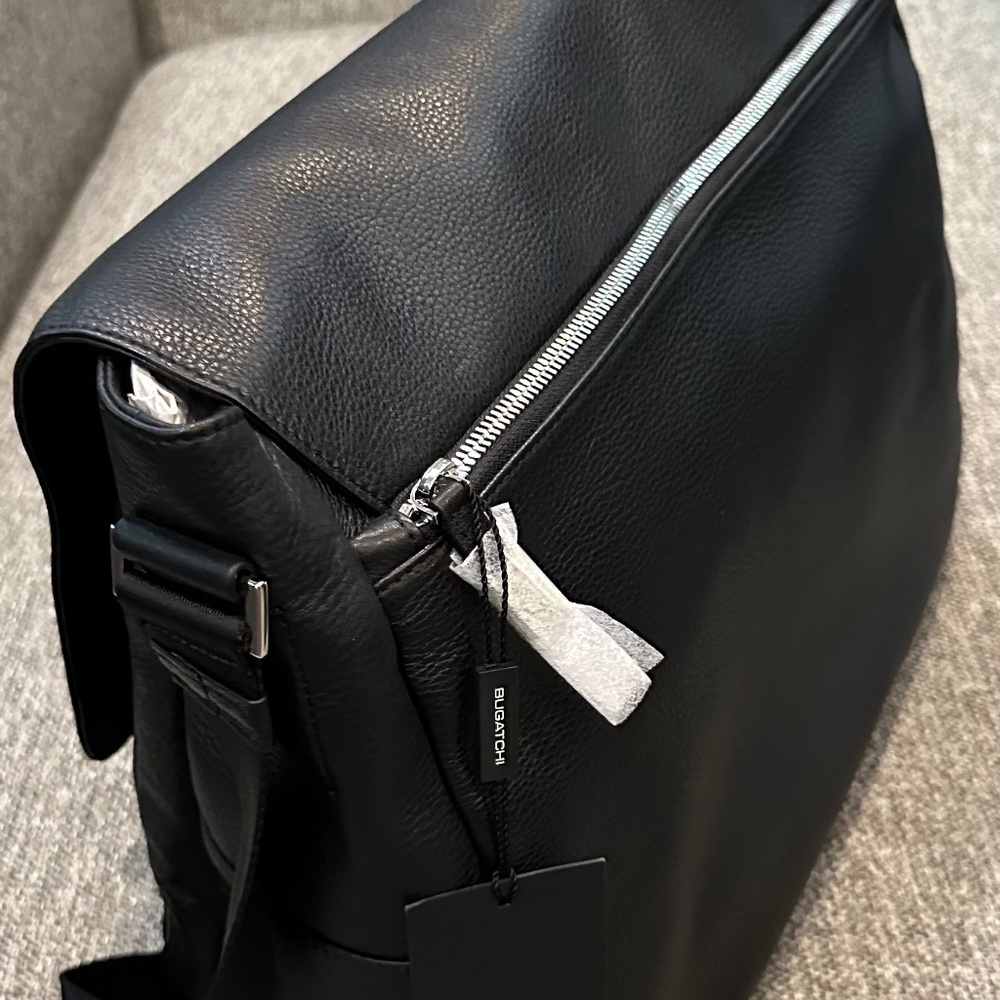 Bugatchi Black Pebbled Leather Messenger Bag Crossbody Laptop Bag NWT - Picture 6 of 14